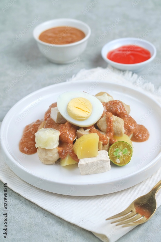 Siomay is one of popular dish from Indonesia that made from fish dumpling, potato, boiled egg with peanut sauce served at white plate.
Siomay is one of popular dish from Indonesia that made from fish dumpling, potato, boiled egg with peanut sauce served at white plate.