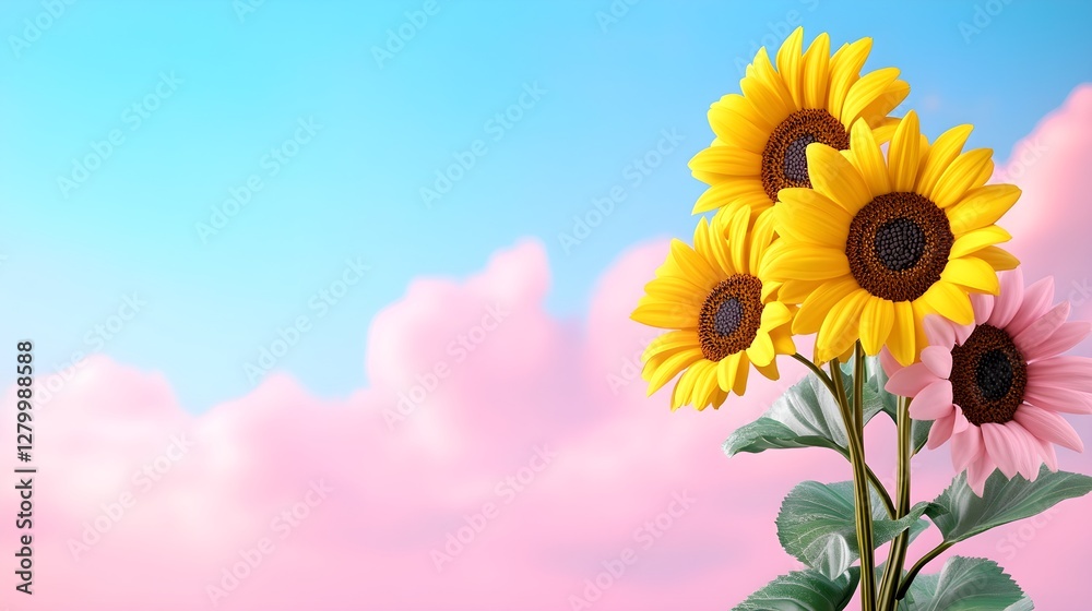 Bright Sunflowers Against a Colorful Sky with Soft Clouds Bright Sunflowers Against a Colorful Sky with Soft Clouds