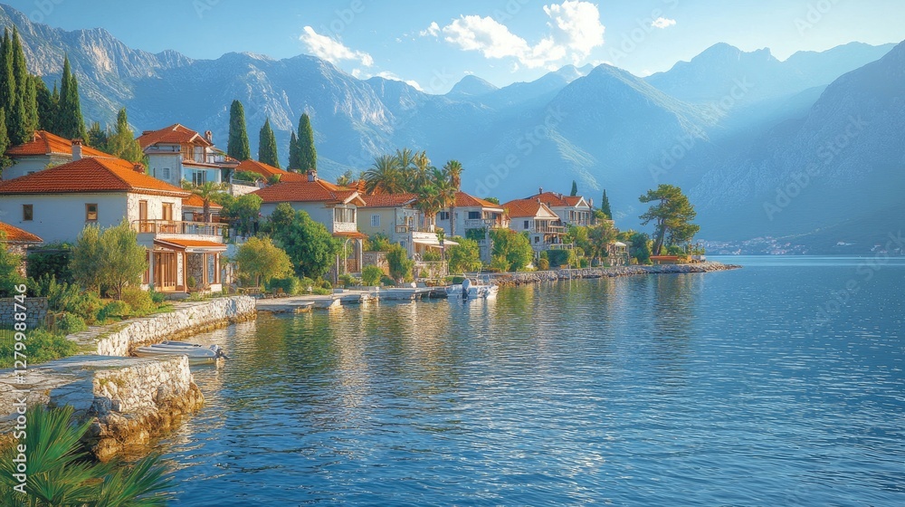 Coastal village, sunny bay, mountains, travel brochure Coastal village, sunny bay, mountains, travel brochure