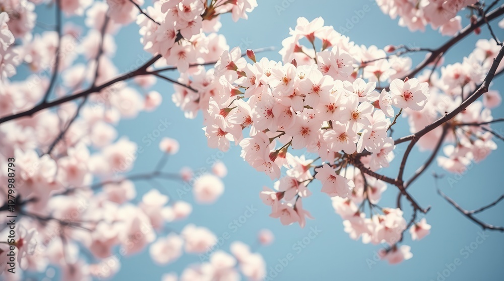 Blooming Cherry Blossom Branches Against Blue Sky Blooming Cherry Blossom Branches Against Blue Sky