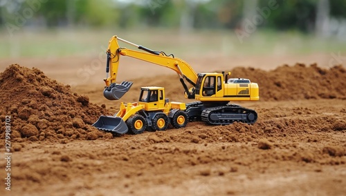 Toy excavators working on a construction site