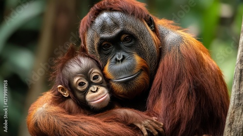 Affectionate Orangutan Mother and Baby in Lush Rainforest