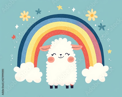 Cute lamb under rainbow, floral, clouds, background