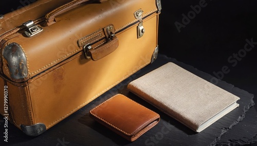 Vintage Leather Luggage and Accessories on Dark Stone photo