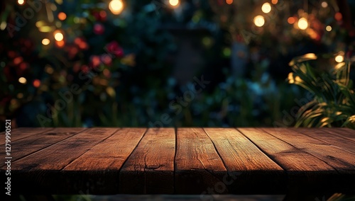 Empty wooden table outdoors at night, garden lights background photo