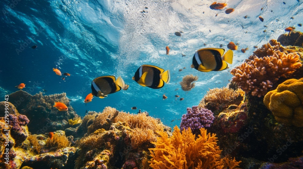 Fototapeta premium Vibrant Underwater Coral Reef Scene with Colorful Fish