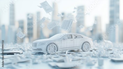 Abstract Automotive Fantasy: A pristine white car, seemingly born from a vision, navigates a surreal cityscape with papers and debris swirling about it in an artistic dreamscape.