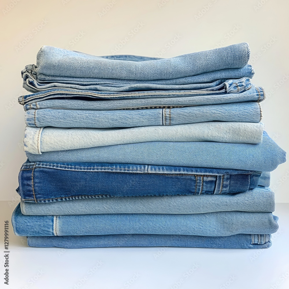 Stacked denim jeans on white surface Stacked denim jeans on white surface