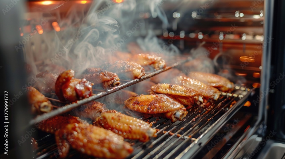 Chicken wings sizzle on a grill in a backyard, with smoke swirling around them. The scene captures the joy of cooking outdoors during a warm evening gathering. Chicken wings sizzle on a grill in a backyard, with smoke swirling around them. The scene captures the joy of cooking outdoors during a warm evening gathering.