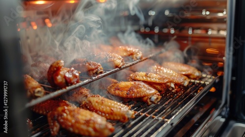 Wallpaper Mural Chicken wings sizzle on a grill in a backyard, with smoke swirling around them. The scene captures the joy of cooking outdoors during a warm evening gathering. Torontodigital.ca