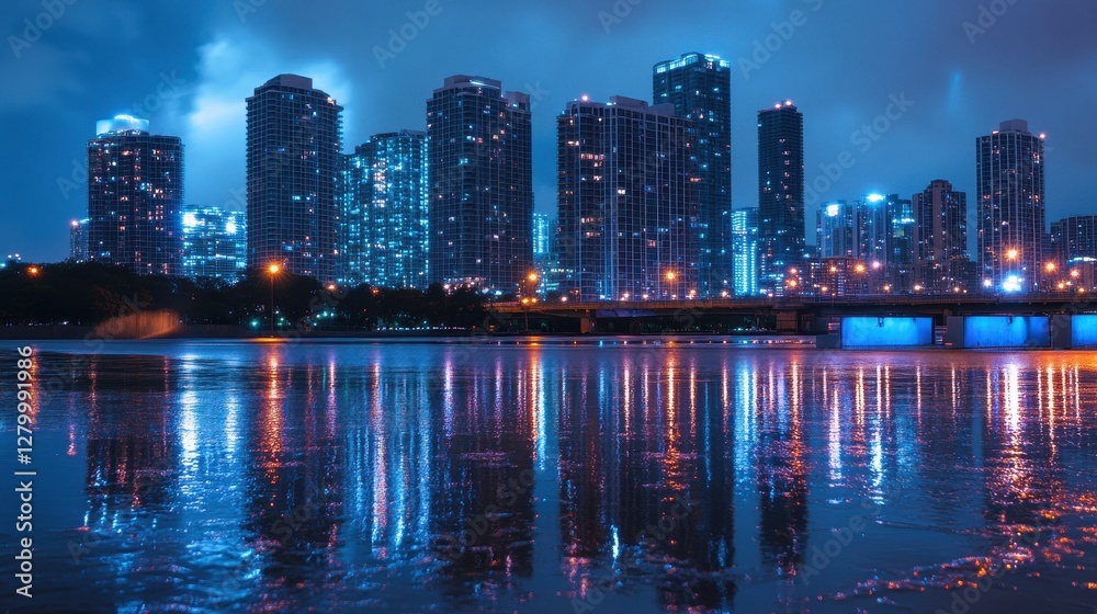 Fototapeta premium Night cityscape with vibrant reflections. Perfect for urban, modern, or technology themes.