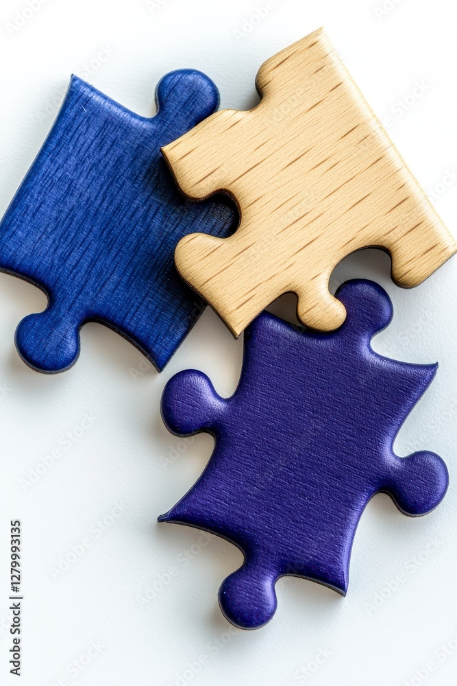 Fototapeta premium Three Puzzle Pieces Two Blue One Tan on White Background