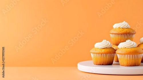 Freshly Baked Cupcakes on White Plate Against Orange Background