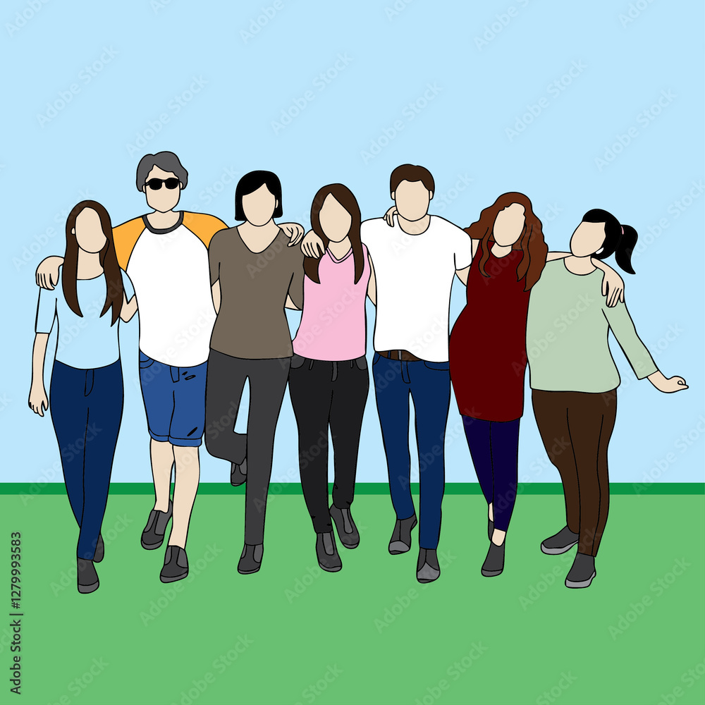 Obraz premium The group includes males and females, dressed casually in t-shirts, jeans, and shorts., stand shoulder to shoulder .
