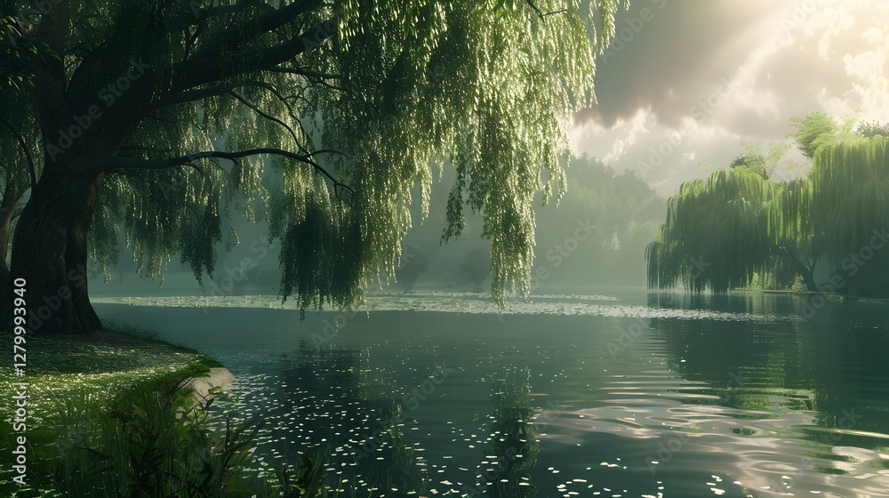 Obraz premium Idyllic Lakeside Scene with Weeping Willows and Reflective Waters