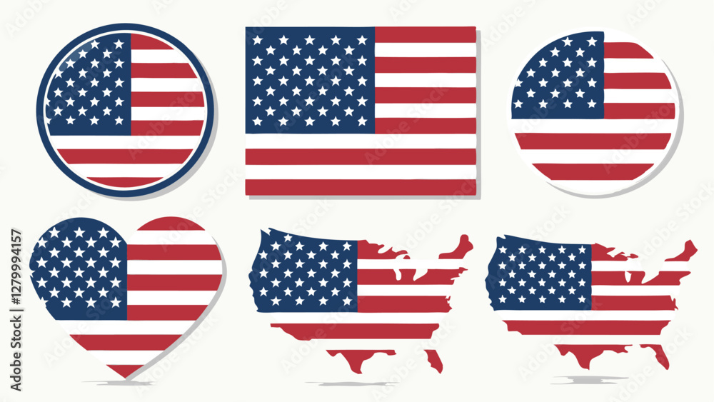 Vector Set of USA Flag Icons in Various Shapes – Heart, Circle, State, and Waving American Flags Vector Set of USA Flag Icons in Various Shapes – Heart, Circle, State, and Waving American Flags