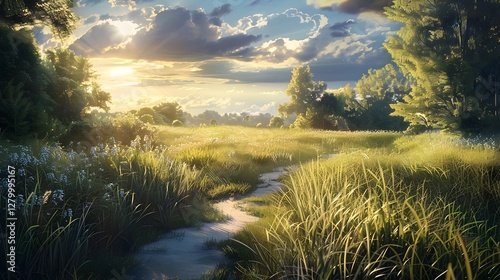 Golden Hour at Tranquil Meadow, A Sun-Kissed Pathway Through Serene Fields