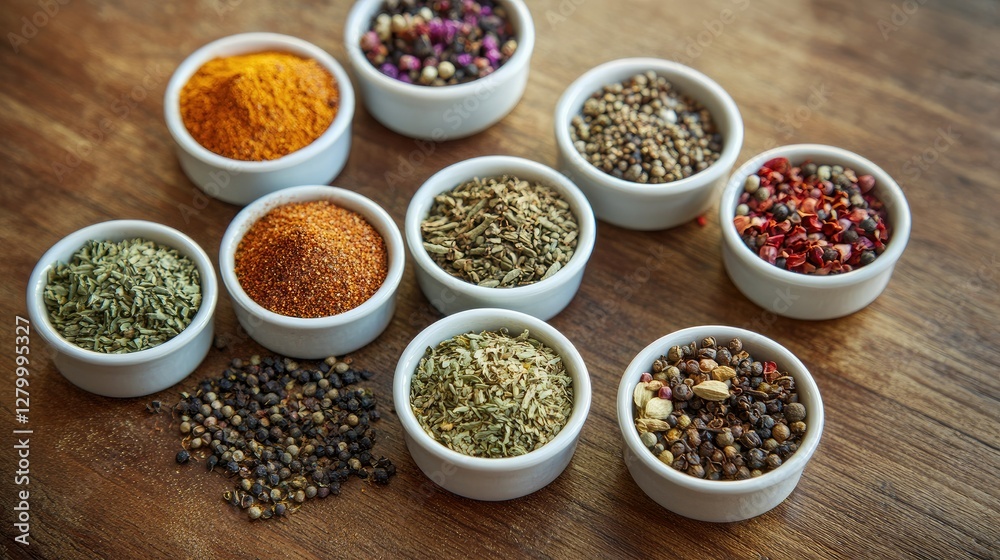 Aromatic Spices Collection: Diverse Herbs and Seasonings in White Bowls on Rustic Wooden Surface Aromatic Spices Collection: Diverse Herbs and Seasonings in White Bowls on Rustic Wooden Surface