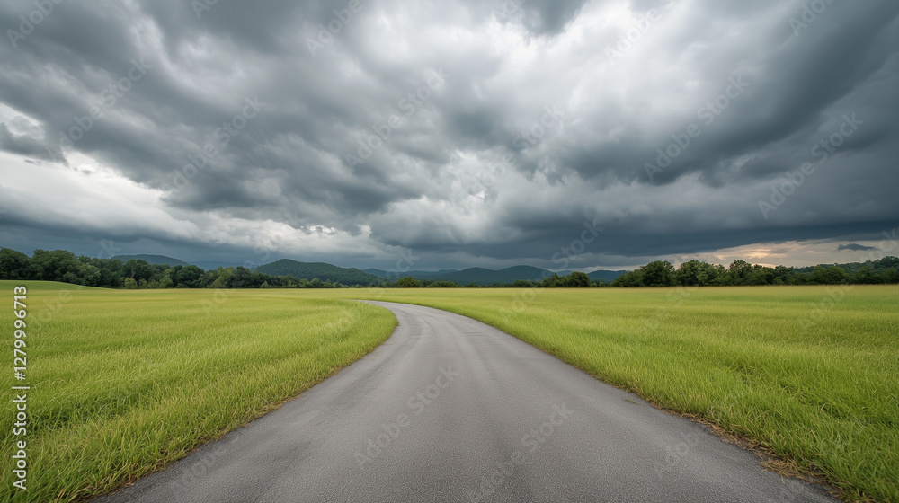 Journey Beneath the Storm: A captivating shot of a winding road stretches through a vast green field under a dramatic, cloudy sky, evoking a sense of anticipation and the unknown.