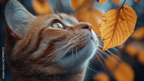Curious ginger cat sniffing autumn leaf outdoors