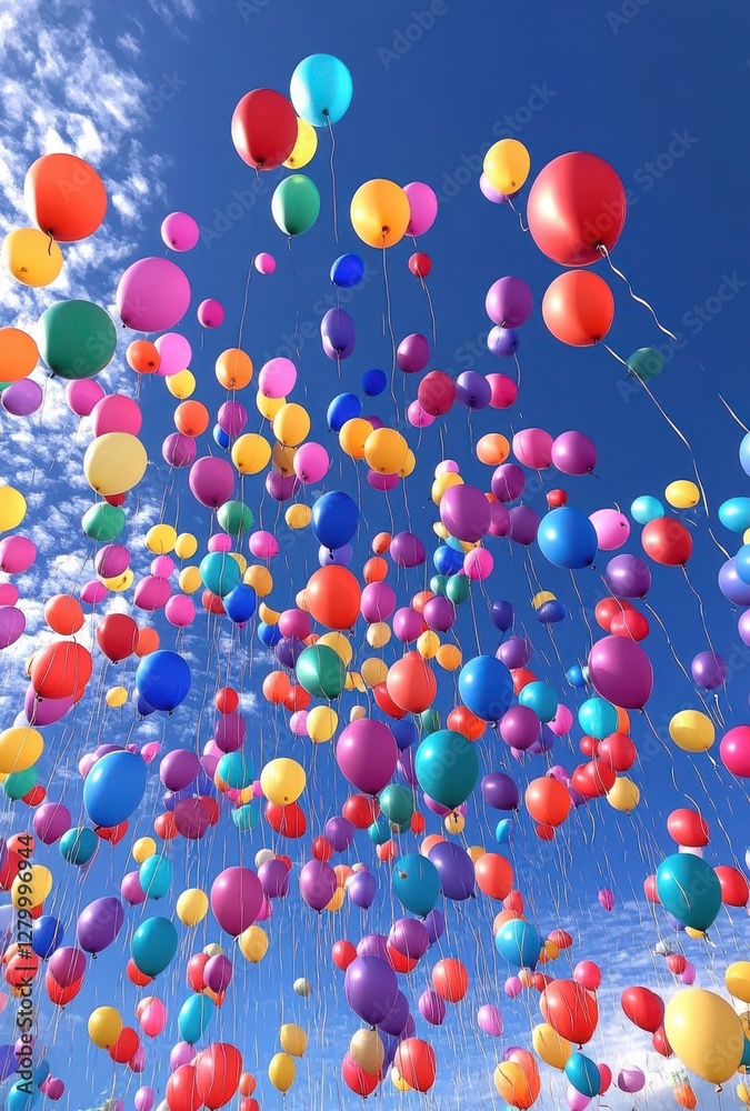 Colorful Balloons Floating Delightfully Against a Clear Blue Sky with Fluffy White Clouds Creating a Joyful and Festive Atmosphere Outdoors Colorful Balloons Floating Delightfully Against a Clear Blue Sky with Fluffy White Clouds Creating a Joyful and Festive Atmosphere Outdoors