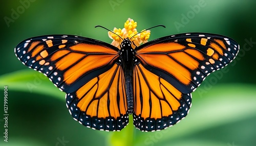 Monarch Butterfly on Flower, Green Background photo