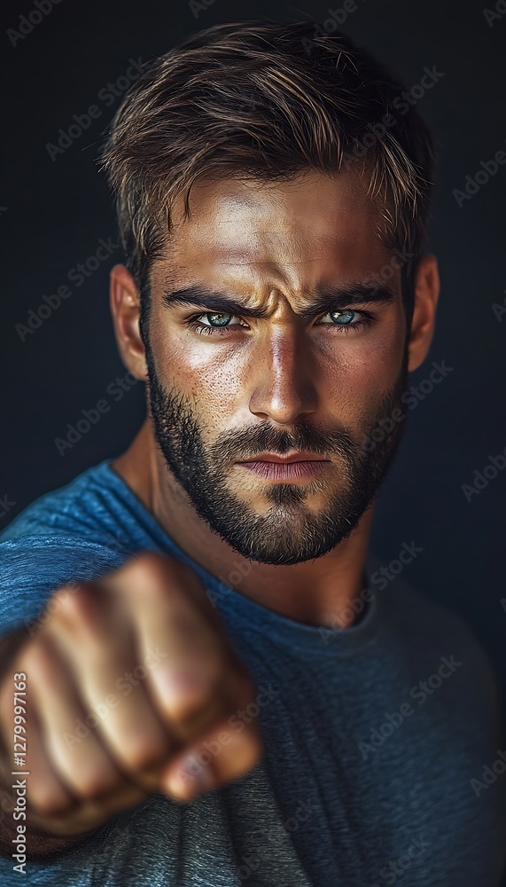 Fototapeta premium Man's aggressive fist, studio portrait