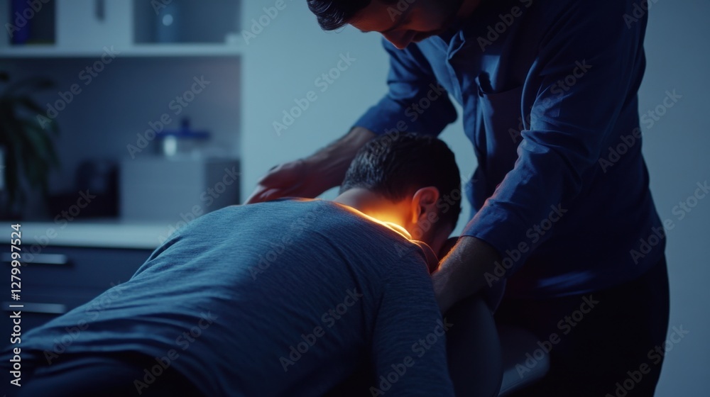Nerve therapy being applied by a chiropractor in a modern medical office. Featuring comfort and care Nerve therapy being applied by a chiropractor in a modern medical office. Featuring comfort and care