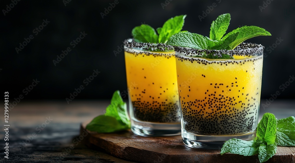 Fototapeta premium Refreshing Mango Chia Seed Drink: Two glasses of vibrant yellow mango chia seed drink, garnished with fresh mint leaves, sit on a dark wooden surface.