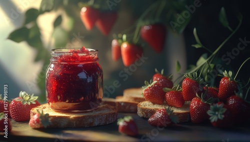 Homemade strawberry jam in glass jar, rustic bread, garden setting photo