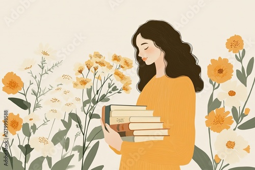 young woman with books surrounded by flowers