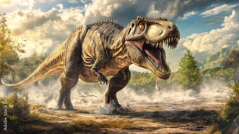 Fototapeta premium Powerful Tyrannosaurus Rex in Misty Prehistoric Landscape