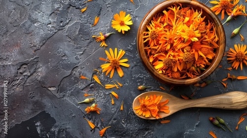 Marigold Flowers: Marigold flowers, with their bright hues, are used in skin care, as a dye, and for their medicinal properties in healing.
