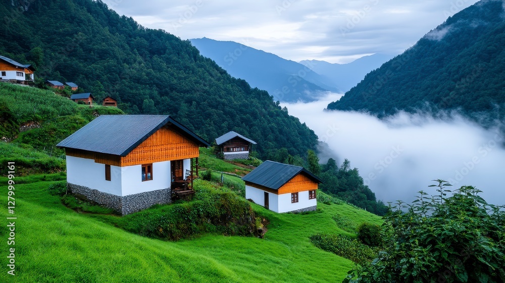 Serene Mountain Village nestled in a lush green valley shrouded in mist, traditional houses line hillside offering a peaceful and Serene Mountain Village nestled in a lush green valley shrouded in mist, traditional houses line hillside offering a peaceful and