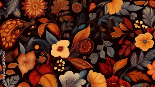 Floral Tapestry: A close-up view showcasing an exquisite floral pattern featuring flowers and foliage, rendered in rich warm tones against a dark background.