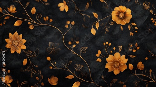 Dark Floral Pattern: Elegant gold floral pattern on a dark background. Perfect for design projects needing a touch of vintage charm and sophistication. 