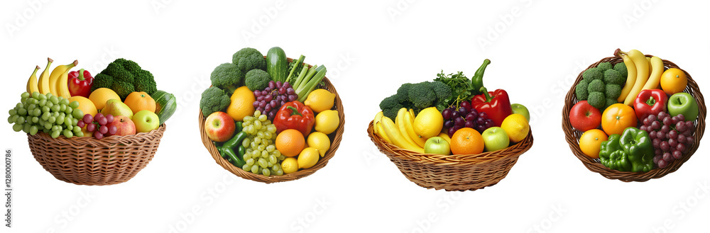 Four Baskets of Fresh Fruits and Vegetables. Four Baskets of Fresh Fruits and Vegetables.