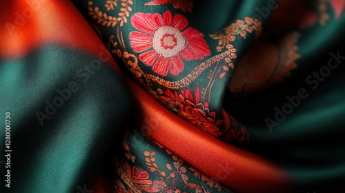 Luxurious Silk Fabric: Close-up view of teal and burnt orange silk fabric with delicate floral embroidery. The rich texture and color contrast are highlighted. 
