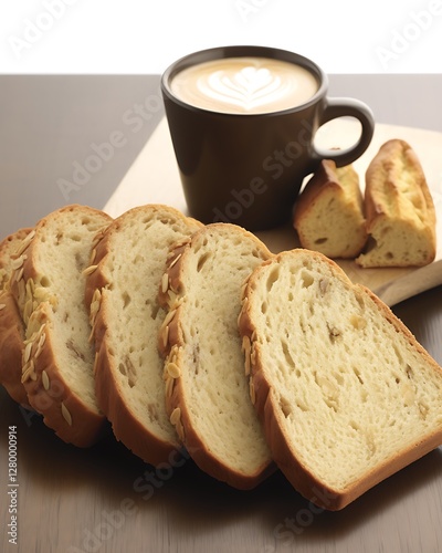 Sliced bread, coffee, pastries on wooden board photo