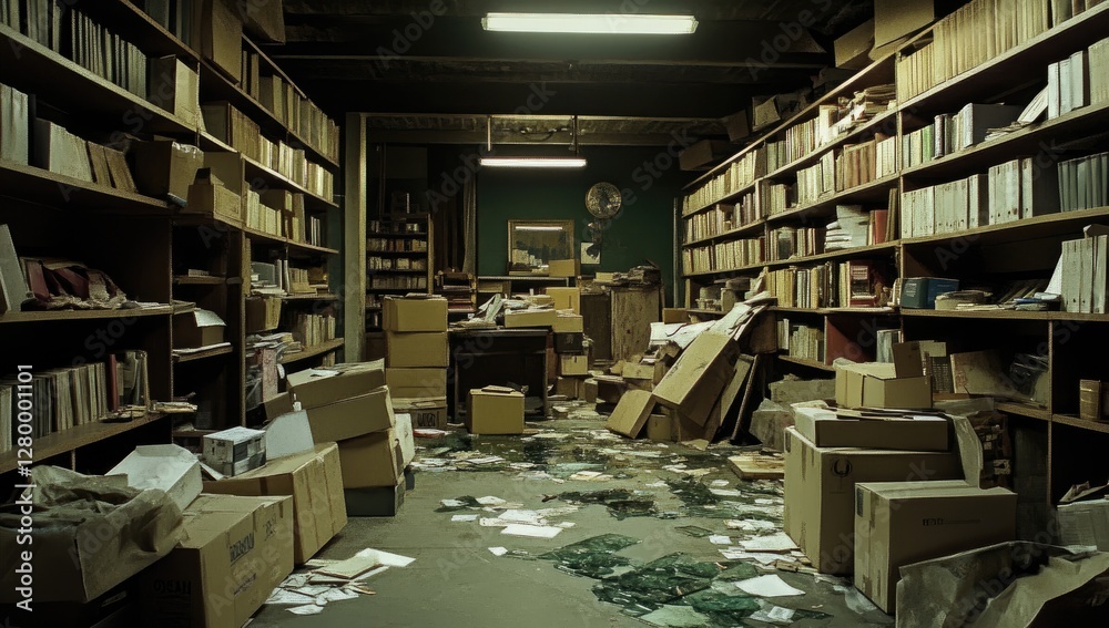 Obraz premium Abandoned library storage room, cluttered boxes, papers