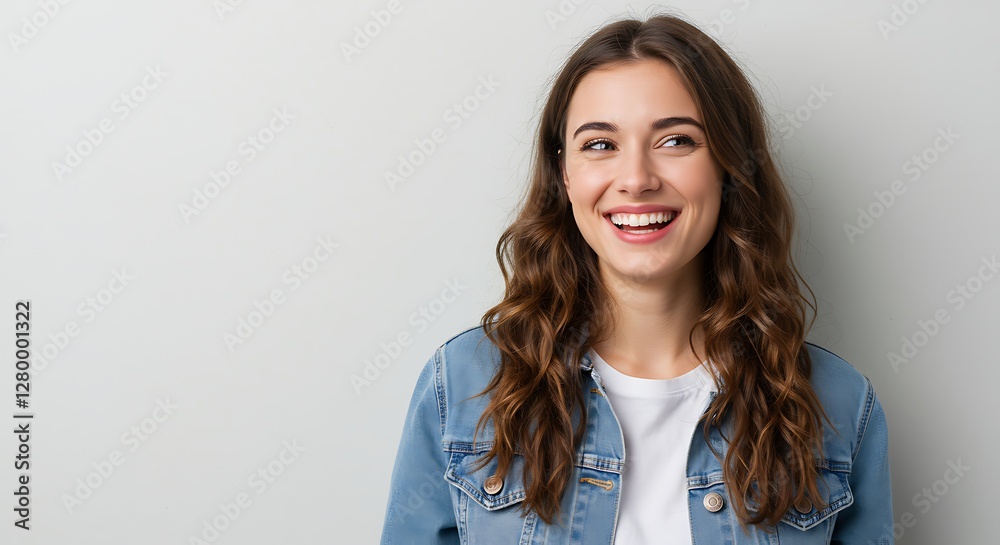 Happy Woman Smiling and Looking Away in Casual Denim Jacket Happy Woman Smiling and Looking Away in Casual Denim Jacket