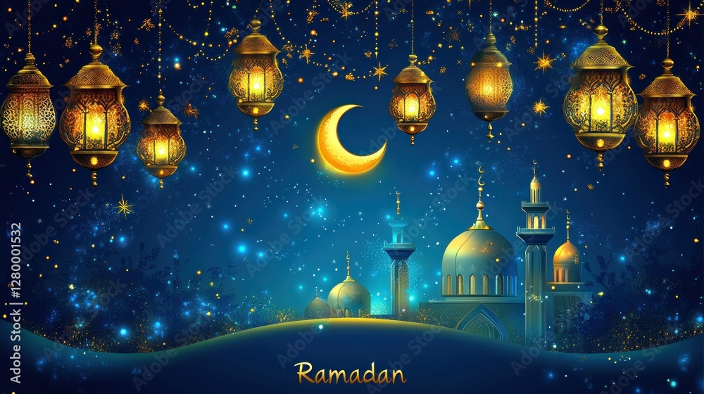 Ramadan night scene with glowing lanterns, crescent moon, and mosque. Ramadan night scene with glowing lanterns, crescent moon, and mosque.