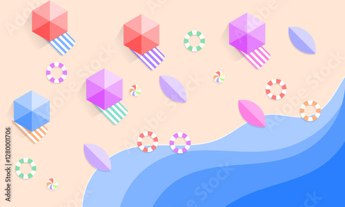 Geometric beach scene with colorful umbrellas, surfboards and lifebuoys