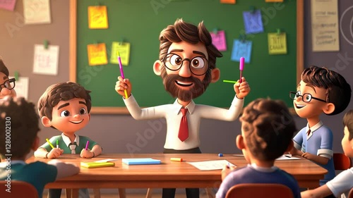 Animated Classroom Scene: Joyful Teacher and Students Engaged in Learning