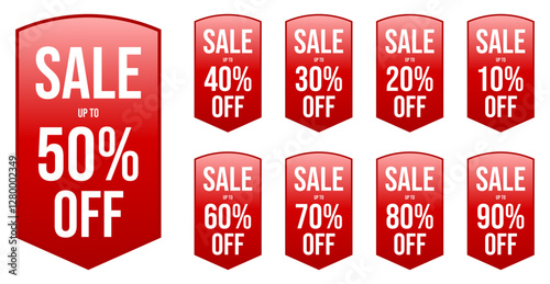 Promotional red sales label banners with varying discount percentages