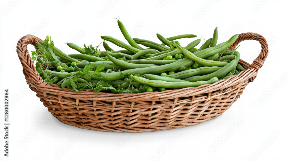 Fresh green beans and peas in woven basket, showcasing vibrant colors and natural textures. Perfect for healthy meals and fresh produce displays Fresh green beans and peas in woven basket, showcasing vibrant colors and natural textures. Perfect for healthy meals and fresh produce displays