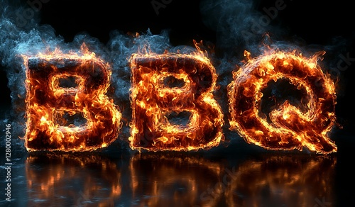 BBQ word written text in flames on black background