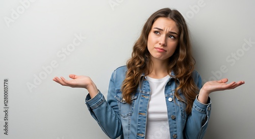 Woman Shrugging Shoulders Expressing Uncertainty or Confusion with Open Palms