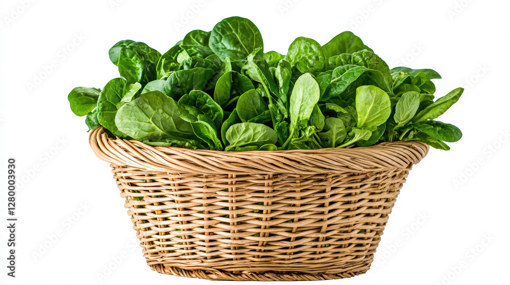 Fresh greens in straw basket, perfect for healthy meals and salads. This vibrant display of leafy vegetables adds touch of nature to any kitchen Fresh greens in straw basket, perfect for healthy meals and salads. This vibrant display of leafy vegetables adds touch of nature to any kitchen