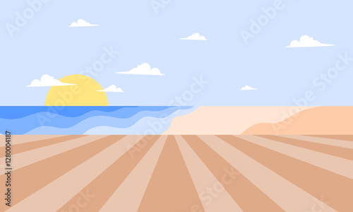 Minimalist seaside landscape illustration under soft sunshine glow